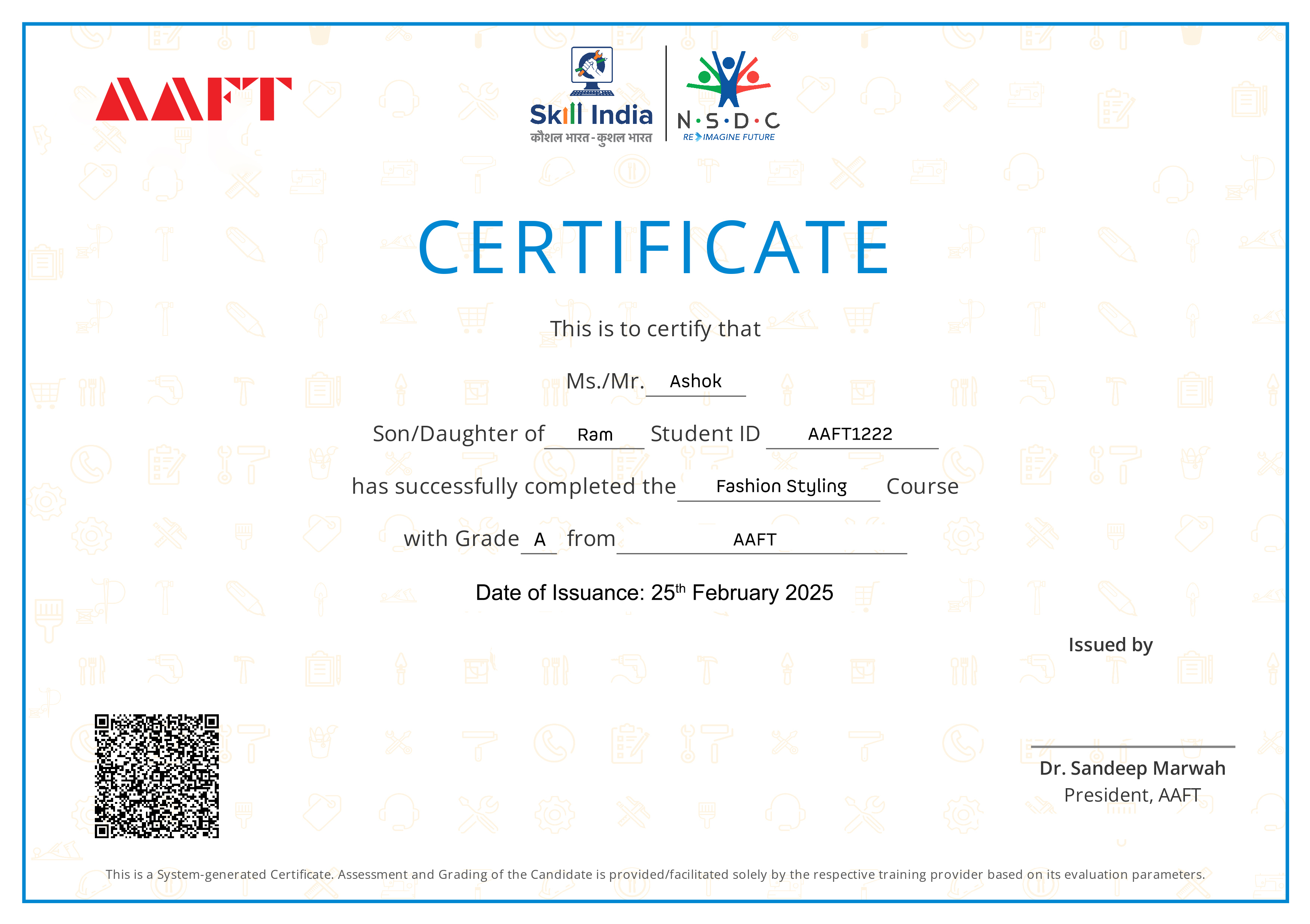 NSDC certificate for fashion styling