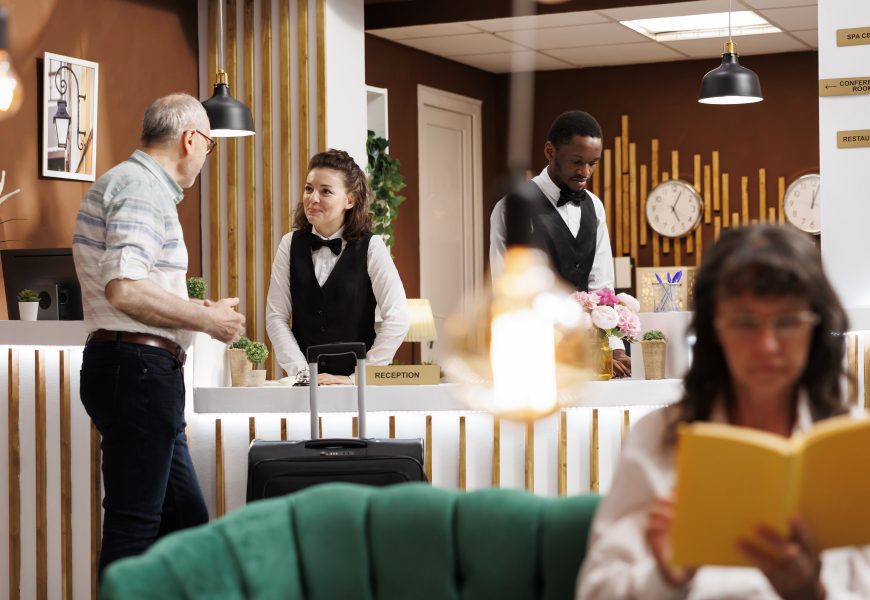 smiling concierge assists elderly male guest front desk while caucasian senior woman enjoys reading novel lounge area hotel lobby features comfy sofa reception counter reservations