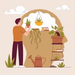 An animated picture of a man planting tree
