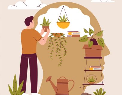 An animated picture of a man planting tree