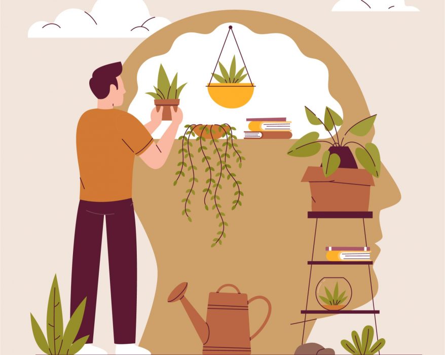 An animated picture of a man planting tree